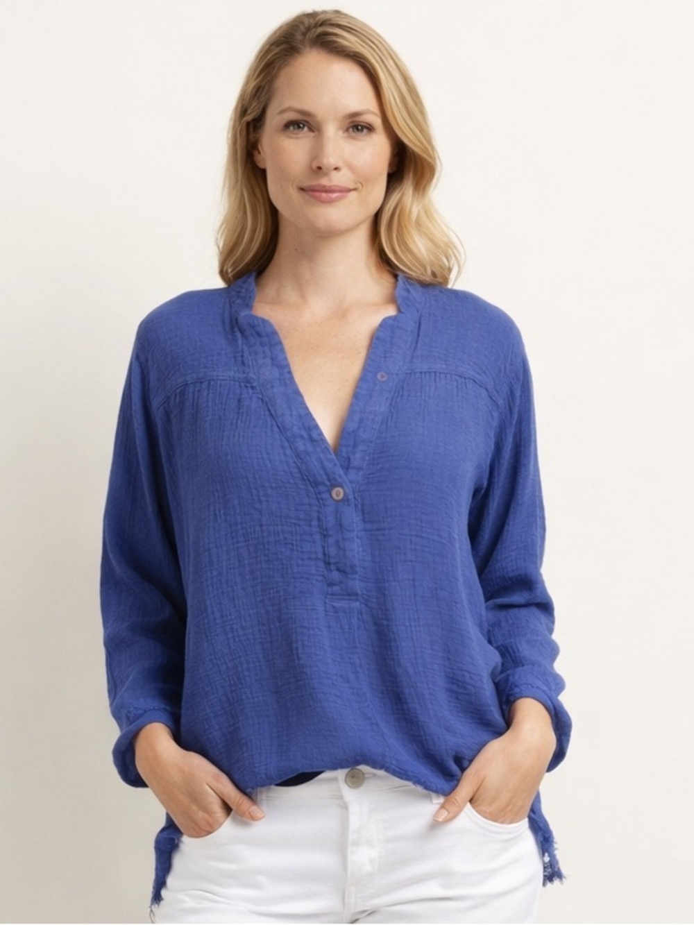 EUC Free People SZ S blue long sleeve crinkle top w/v-neck & snap close front